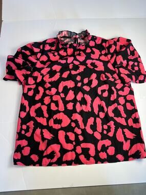 SHEIN Curve Plus Size Blouse Top 3XL 18 20 Pink Black Animal Print Ruffle Neck